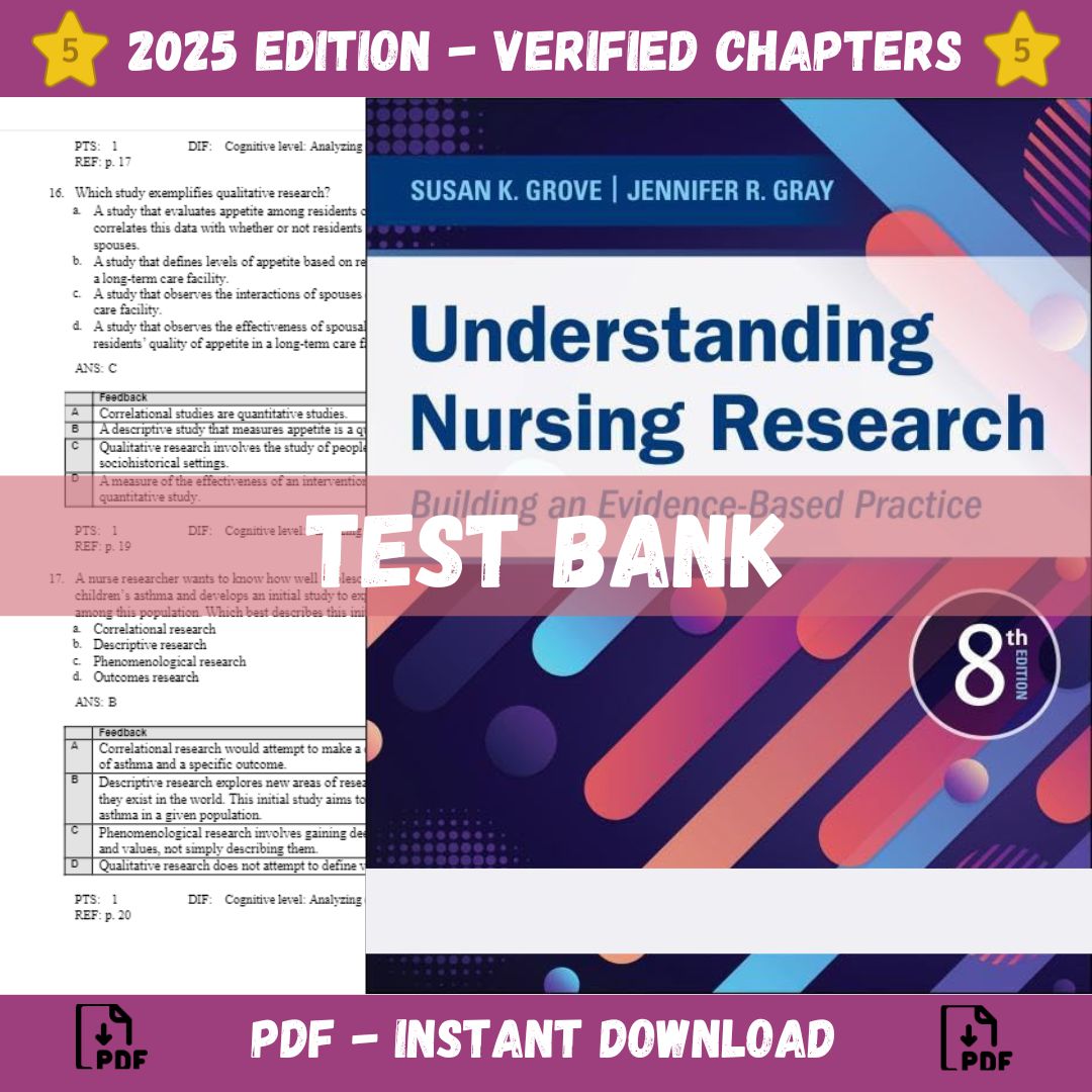 Test bank – Understanding Nursing Research Building an Evidence-Based Practice 8th Edition (Grove, 2023)-ExamThrive