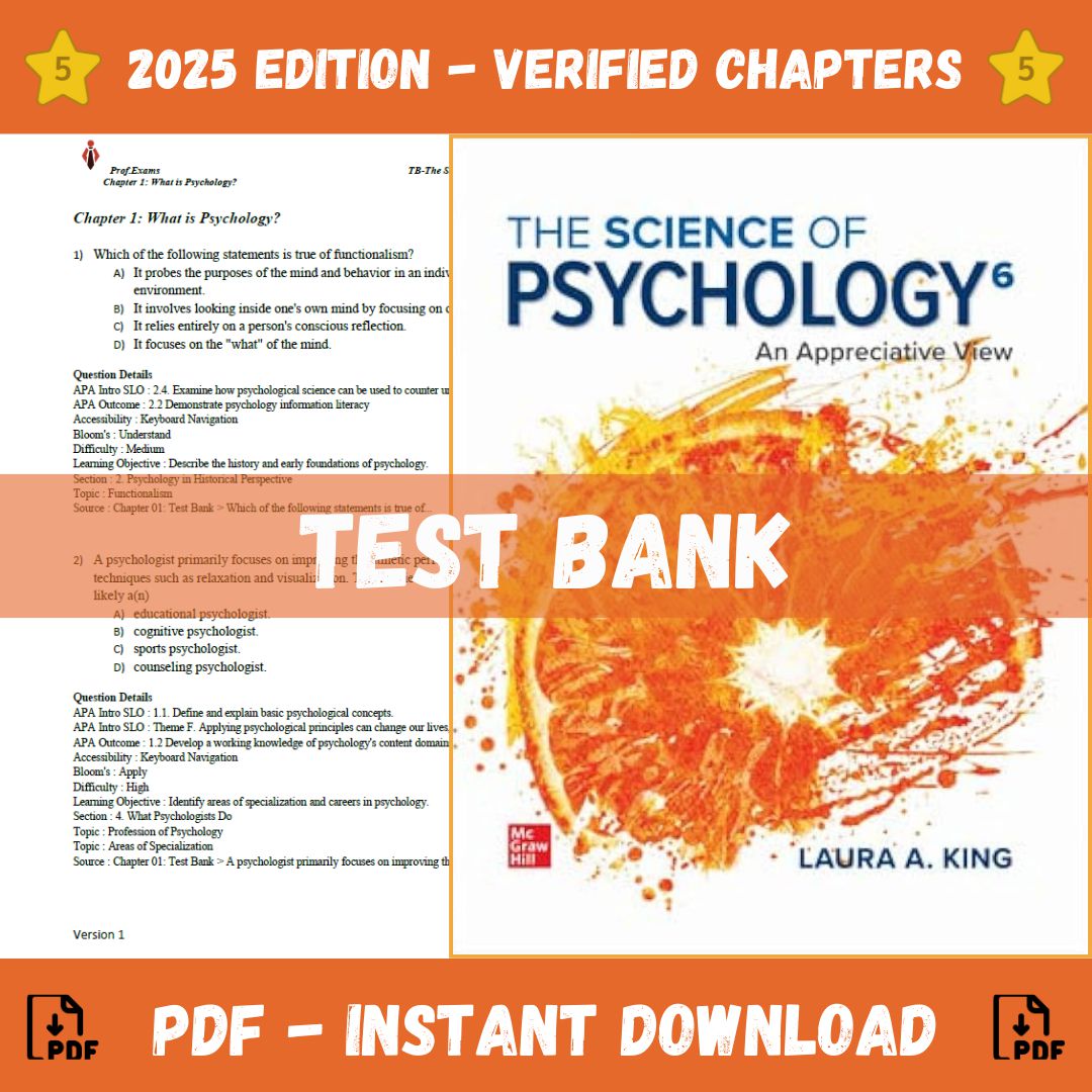 Test Bank – The Science of Psychology: An Appreciative View, 6th Edition (Laura A. King, 2023)-ExamThrive